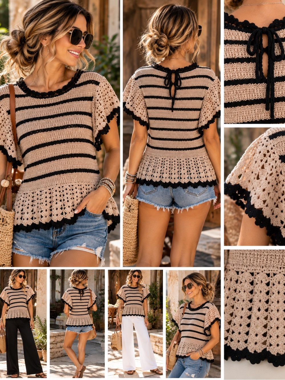 ELAN Crochet Knit Top Black Taupe Striped Boho Lace Sleeve Tie Neck L